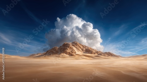 A stunning mountainous landscape under a vibrant sky, where towering clouds provide a dramatic contrast, evoking feelings of awe and the beauty of nature's vastness.