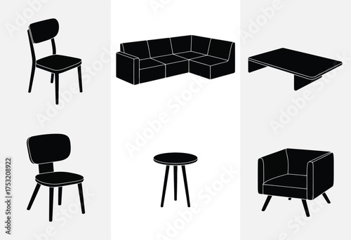 Modern furniture vector illustration set featuring chairs sofa coffee table and stool scalable eps silhouette vector illustration white background