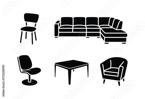 Vector illustration set of modern furniture pieces scalable eps graphics for interior design projects silhouette vector illustration white background