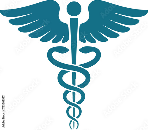 Minimalist light blue caduceus symbol on white background.Medical Logo Design with Caduceus Symbol icon design on white background.