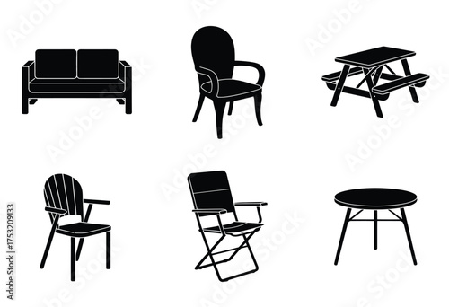 Scalable vector set featuring diverse furniture icons for modern design projects silhouette vector illustration white background