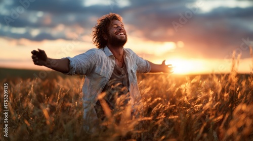 A cheerful man with outstretched arms in a golden wheat field, basking in the warmth of the sunset, capturing the essence of joy, freedom, and connection with nature.