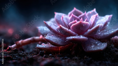 An exquisite close-up of a blooming succulent adorned with glistening water droplets, revealing the intricate details and vibrant colors of nature's beauty and resilience.