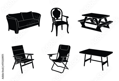 Set of scalable vector furniture illustrations including sofas chairs and tables eps format silhouette vector illustration white background