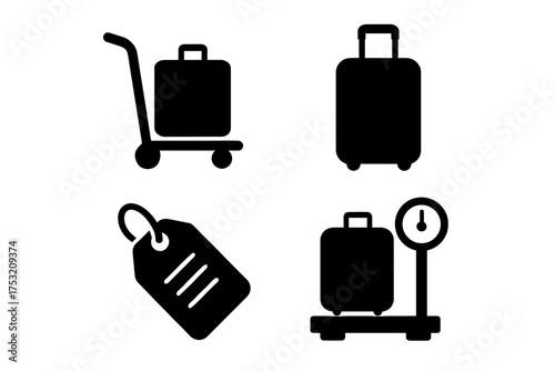 Travel icons: trolley, suitcase, luggage tag, scale in black and white design
