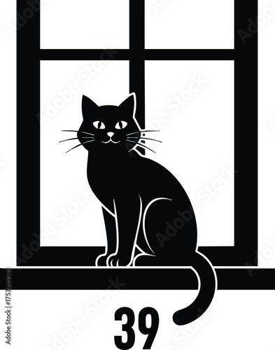 Black cat silhouette sitting on a windowsill illustration.