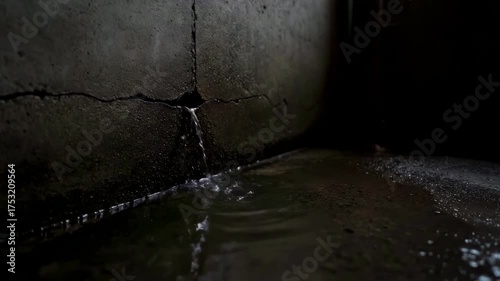 Water Leaking Through a Crack in a Basement Wall, Water Seepage in a Dark Basement due to Foundation Problems