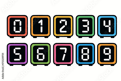 Colorful retro style digital numbers display from 0 to 9