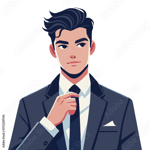 Flat Illustration of a Handsome Man Adjusting Tie in a Black Suit on a White Background