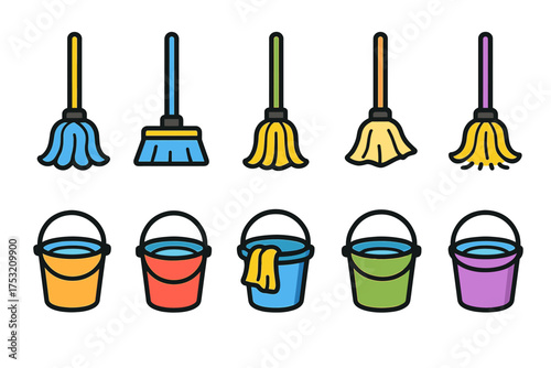Colorful cartoon mops and buckets set for cleaning
