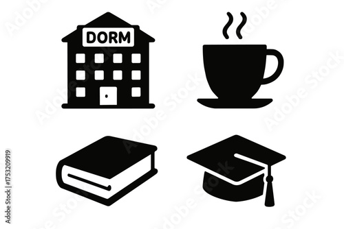 Dormitory, coffee cup, book, graduation cap icons for education theme