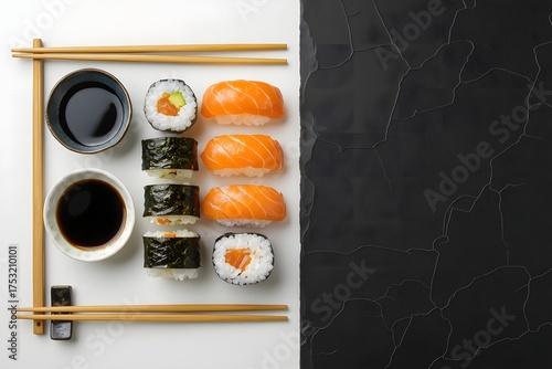 Delicious sushi platter with soy sauce and chopsticks