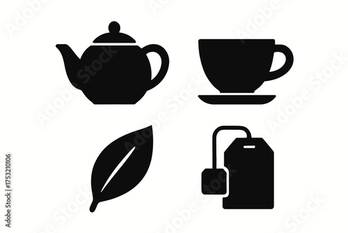 Tea set icons: teapot, cup, leaf, teabag silhouettes on white background