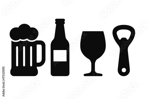 Beer mug, bottled drink, wine glass, and bottle opener icons in black silhouette