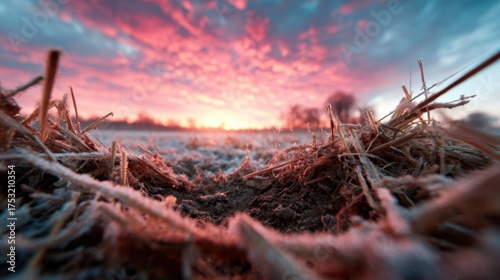 A breathtaking winter sunrise casts vibrant colors over a frosty landscape, capturing the serene beauty of nature awakening to the light of a new day.