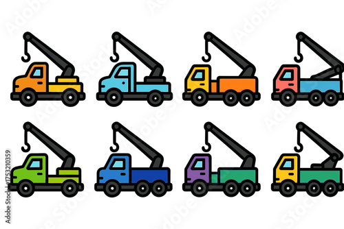 Colorful collection of tow truck icon variations in eight different shades
