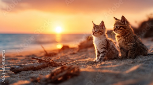 Two cute kittens sit side by side on a sandy beach, gazing at the vibrant sunset, encapsulating a moment of innocence and curiosity in a serene coastal environment.