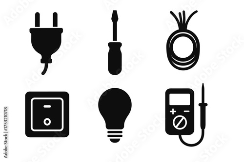 Set of electrical tools and equipment icons: plug, screwdriver, wire, switch, bulb, multimeter