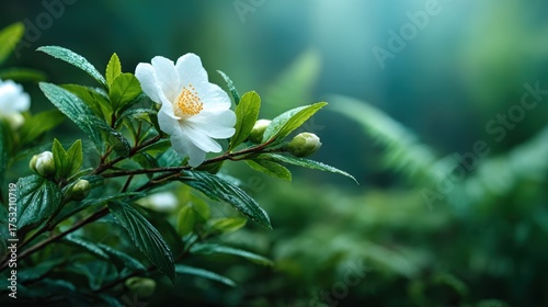 A beautiful white flower with vibrant green leaves emerges in the lush forest, illustrating nature's elegance and tranquility, representing growth and serenity in life.