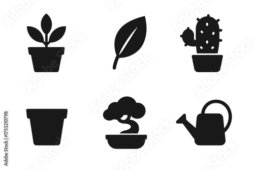 Black silhouette icons of potted plants and gardening tools on white background