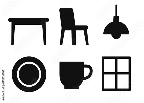 Minimalist furniture and homeware icons: table, chair, lamp, plate, mug, window