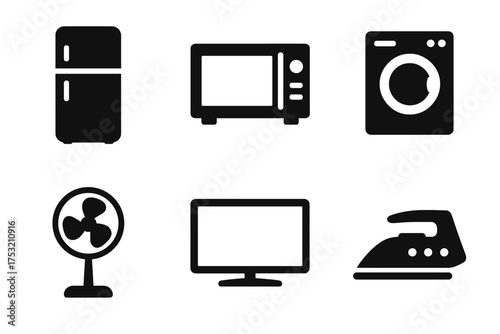 Black icons of common household appliances on white background