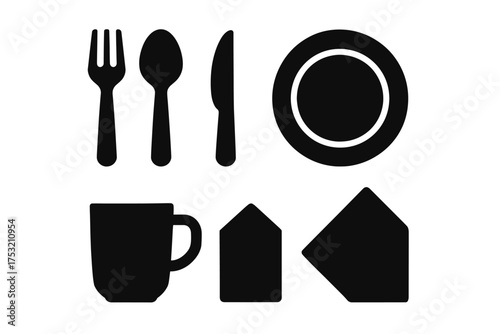 Silhouette icons: fork, spoon, knife, plate, cup, envelopes