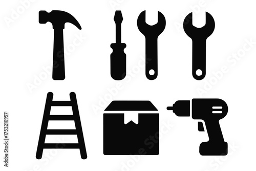 Silhouette of tools and ladder with hammer, screwdriver, wrenches, box, and drill