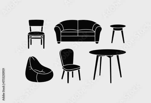 Minimalist vector illustration showcase of modern furniture icons sofa chairs table stool beanbag for design projects silhouette vector illustration white background