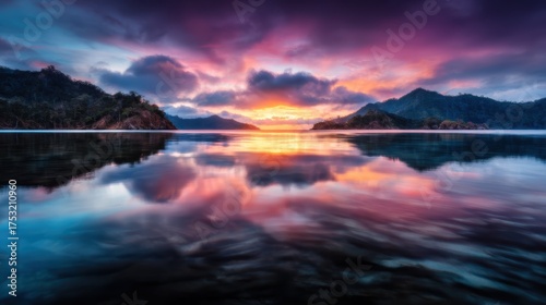 A breathtaking sunset paints the sky with vibrant hues, reflecting beautifully on calm waters, creating a tranquil scene that evokes peace and serenity in nature.