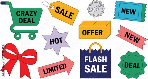 Colorful Sales and Deals Icons Featuring Shopping Cart, Tags, Bow, and Signage Elements