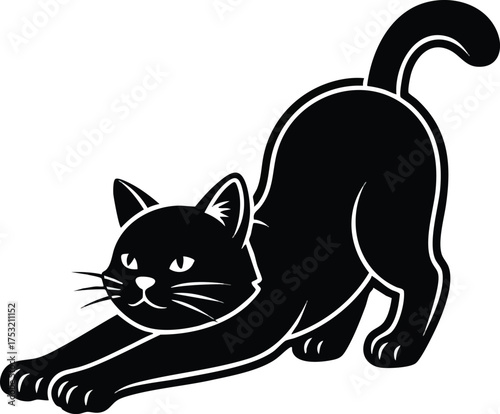 Black cat stretching silhouette on white background feline illustration.
