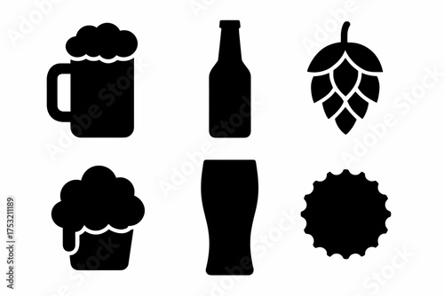 Beer icons: mug, bottle, hops, cupcake, glass, cap - silhouette set