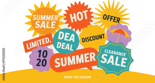 Colorful Summer Sale Promotion with Hot Offers, Discounts, Limited Deals, and Clearance Sales Event