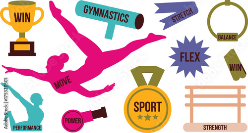 Gymnastics and Athletics Icon Set Featuring Sport Elements Like Trophy, Ribbon, and Balance Ring