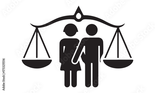 Couple standing on scales of justice symbolizing equality and fairness