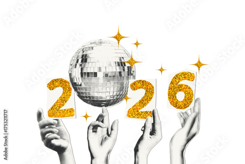 2026 New year art collage sticker or banner template isolated on transparent background. Halftone hands holding disco ball and cut out gold glitter sparkling numbers. Modern retro vector illustration