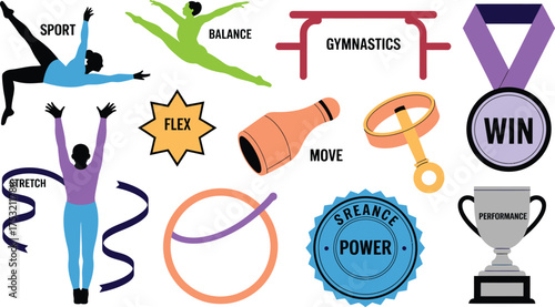 Illustrated Gymnastics and Fitness Icons Depicting Sport, Balance, Gymnastics, Stretch, Move, Performance and Winning with Medal