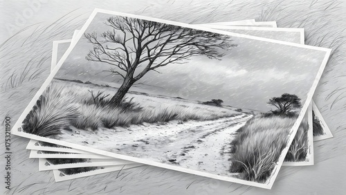 Black and white snowy landscape with tree and path