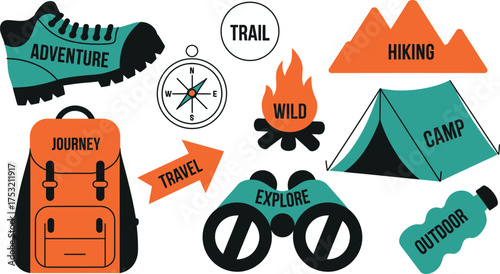 Illustrated Outdoor Adventure Backpack, Compass, Binoculars, Hiking Boot, Tent, Fire, and Nature Icons