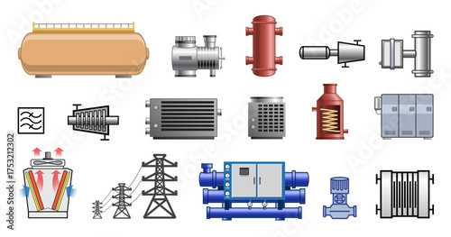 Simple various industrial factory machines set infographic icons symbols for diagrams vector on transparent background