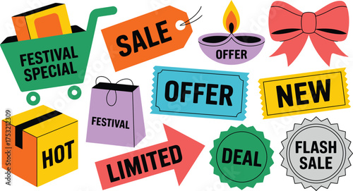 Sale Promotion Featuring Shopping Cart, Tags, Labels, Candle, Bow, Arrow, and Shopping Bag