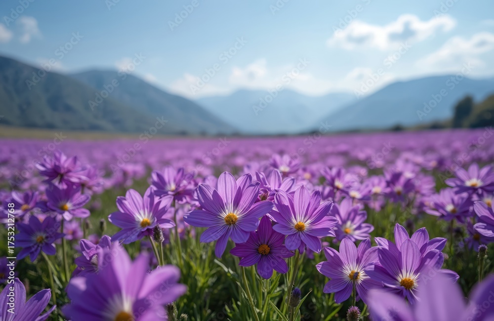 Obraz premium Purple flowers bloom extensively in a wide field with green grass. Mountains stand on the horizon under a clear blue sky with some clouds. Sunlight shines on the vibrant petals and leaves.