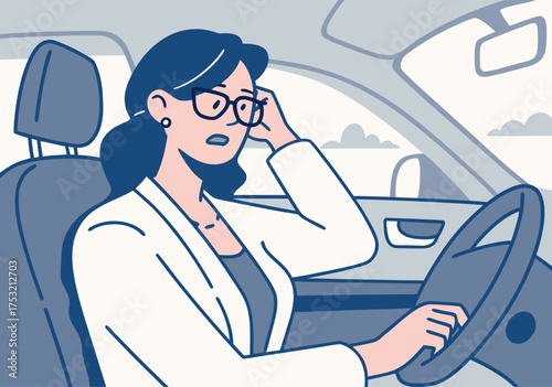 Stressed Businesswoman Driving Car Interior Illustration