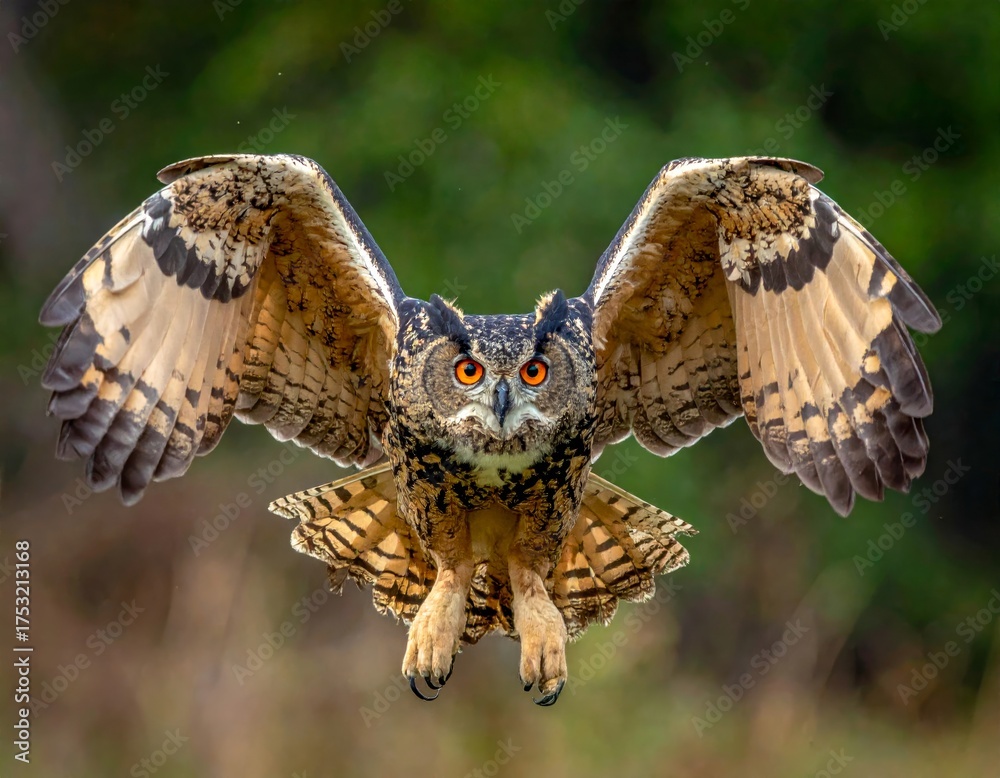 Obraz premium Majestic owl soars through the air with powerful wings in a forest setting during daylight
