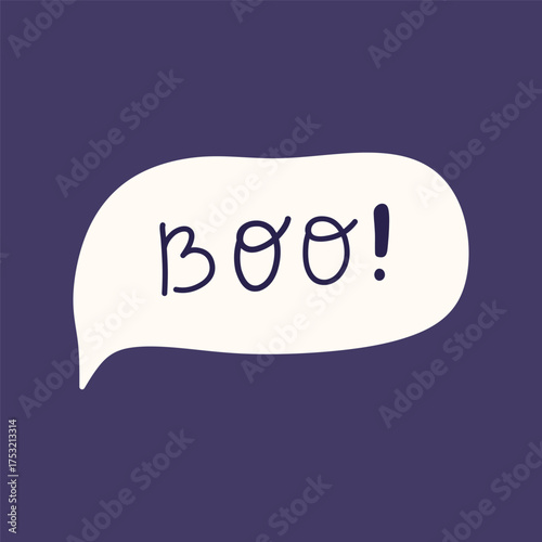 Cute Halloween illustration with the word Boo inside a speech bubble on a dark background. Playful spooky design for Halloween greeting cards, stickers, and decorations.