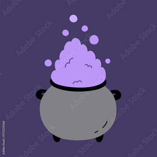 A witch's cauldron of boiling potion isolated on a purple background. Vector hand-drawn illustration in a flat style. Perfect for cards, decorations, logo and Halloween designs.