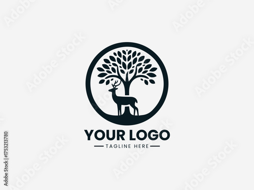 Circle oak deer vector logo showing elegant forest animal in natural woodland design
