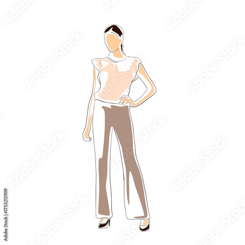 Business woman standing, isolated flat design vector illustration. Line art clipart
