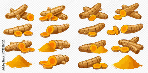 Illustration of turmeric roots and powder on a transparent background.
